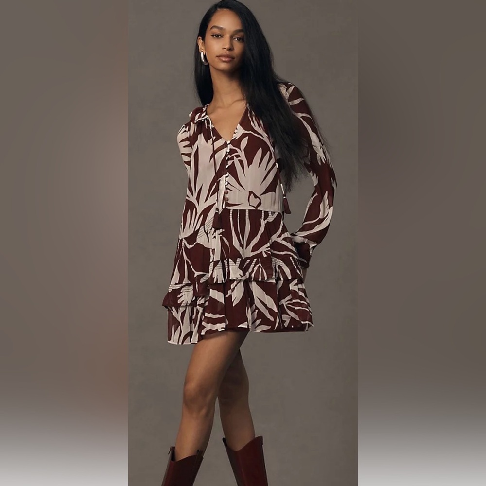The Anthropologie Marais Printed Chiffon Mini Dress maroon/white floral print